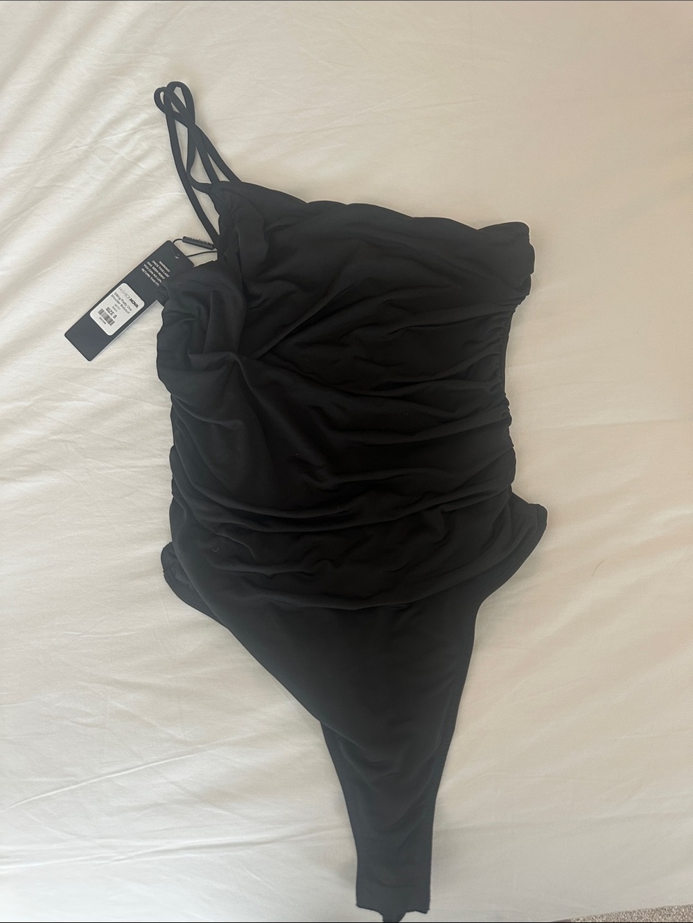 Fashion Nova Black Asymmetric One-Shoulder Ruched Bodysuit